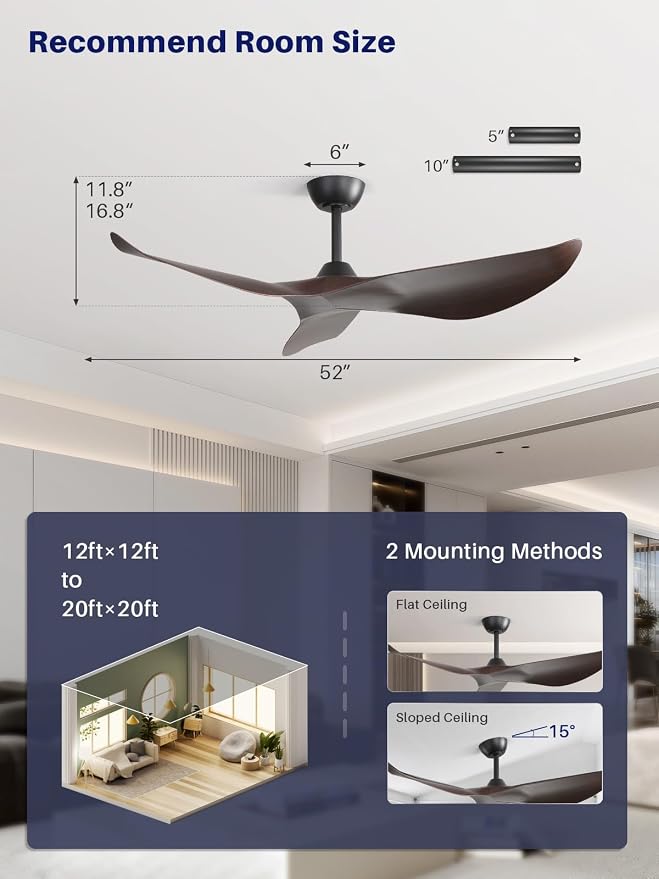 Sofucor 52 Inch Smart Ceiling Fan No Light, Modern Ceiling Fan with Remote Control, Reversible DC Motor, 6-Speed Noiseless Indoor Ceiling Fan for Bedroom Living Room Covered Patio Porch