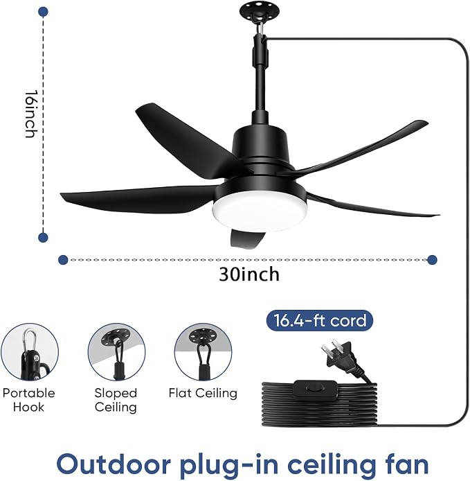 Plug in Ceiling Fan with Light,30" Portable Outdoor Ceiling Fans with Remote–4 Speeds,3000K-6500K LED Hanging Fan Light with Hook for Gazebos,Patios,Garage,Camping,RV,Workshops (Black)