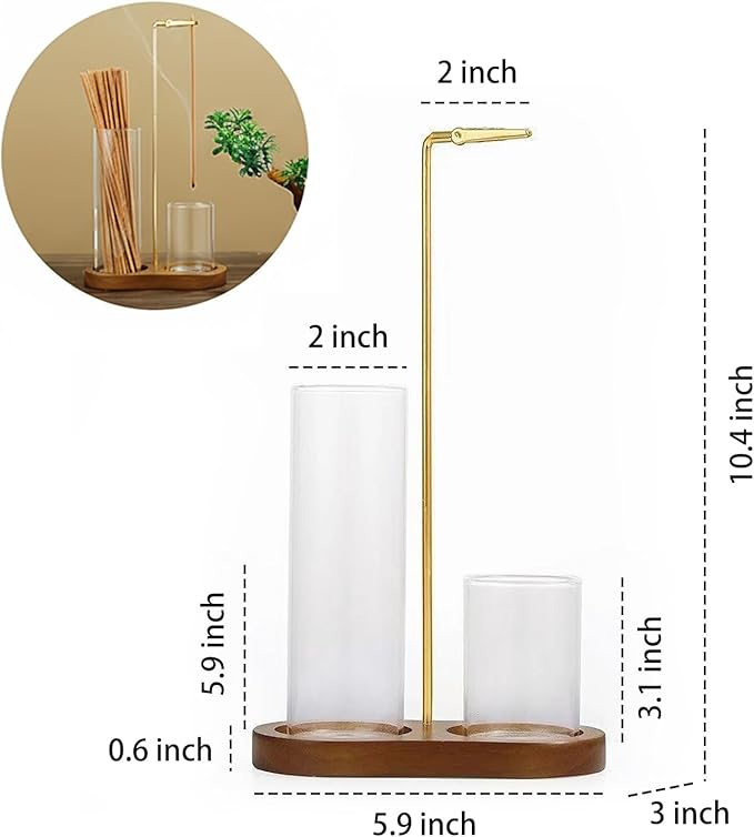 2-in-1 Incense Stick Holder with Glass Ash Catcher, Dual Glass Cups & Metal Clip, Minimalist 8-Shaped Wooden Base, Home Decor Gift (Dark Base)