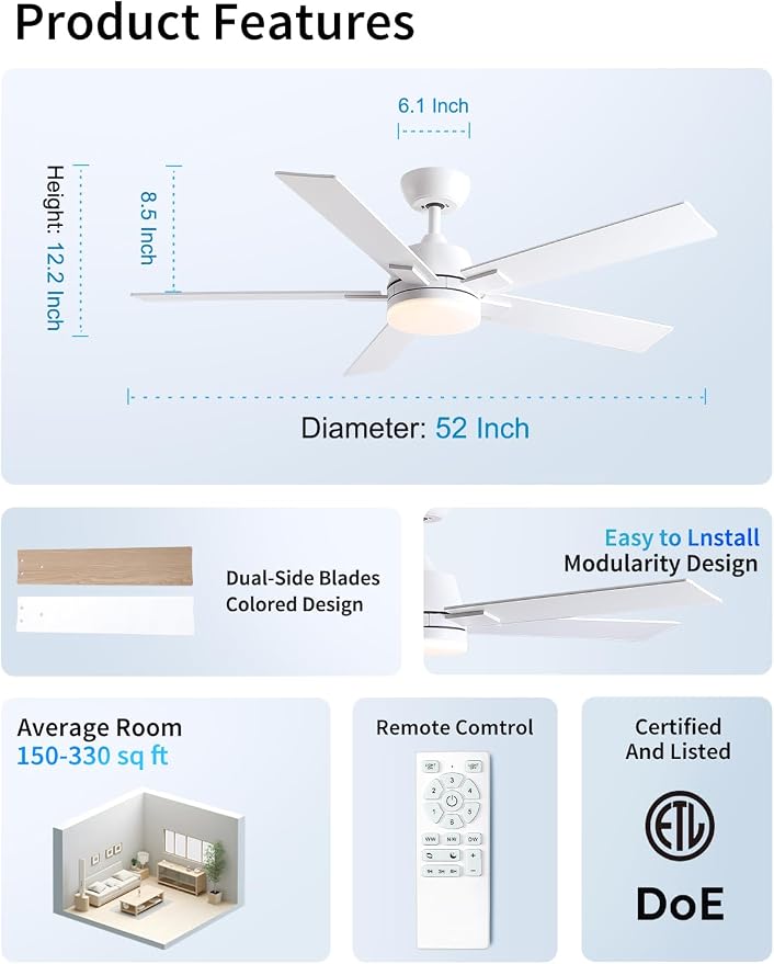 Rayqueen 52 Inch White Ceiling Fans with Lights and Remote,Includes Downrod | 6 Speed Reversible DC motor,3-color temperature dimmable LED.For indoor/covered outdoor.Modern style for bedroom room
