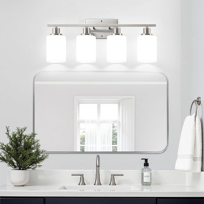 Indoi 4-Light Bathroom Light Fixtures, Brushed Nickel Modern Vanity Lights with Milky White Shades, Bathroom Wall Lamp for Mirror Living Room Cabinet Bedroom Porch