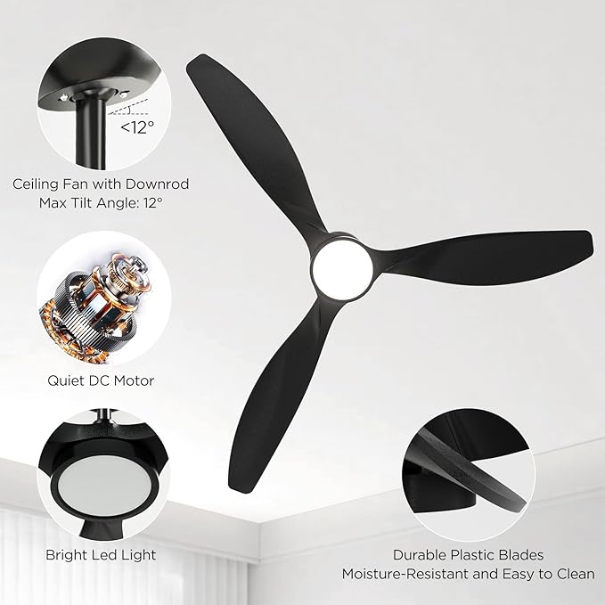 Roomratv Ceiling Fans with Lights, 52 Inch Black Ceiling Fan with Remote Control, Quiet Noiseless Reversible DC Motor 6 Speeds Timers 3 CCT Dimmable Modern Fan Light Indoor for Bedroom Living Room