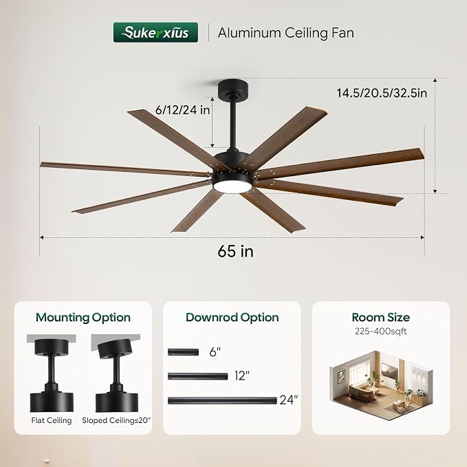 65 Inch Waterproof Outdoor Ceiling Fan with Light, All Weather Wet Rated 8 Aluminum Blades, 8421 CFM High Airflow Quiet DC Fan, Smart Alexa/App/Remote Control, for Patio Porch Gazebo, Modern Farmhouse