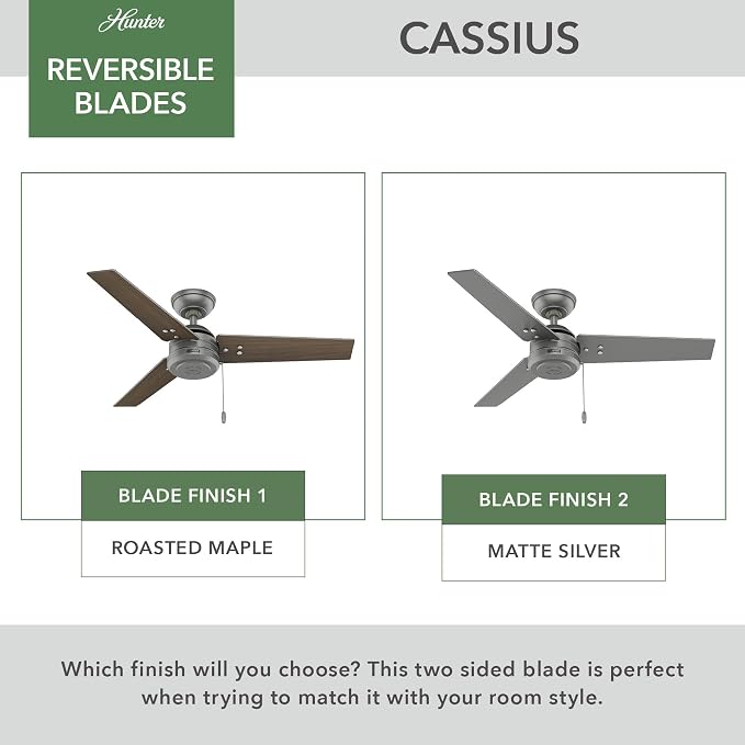 Hunter Cassius, Outdoor or Indoor, Ceiling Fan, 44 inch, Matte Silver | Covered patios and porches get a no-light design, droop-free blades, and compact scale for offices or small rooms.