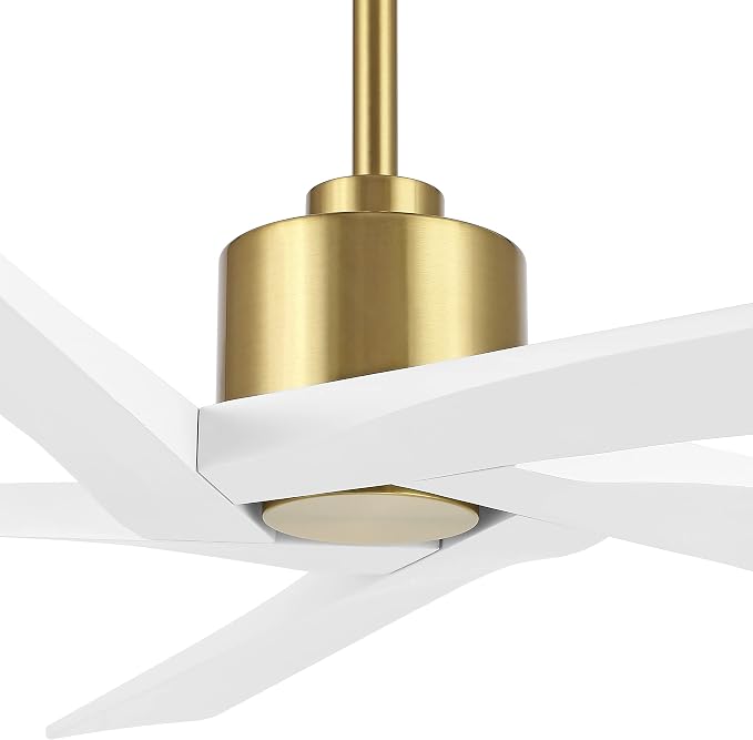 WINGBO 54 Inch DC Ceiling Fan without Lights, 5 Reversible Carved Solid Wood Blades, 6-Speed Noiseless DC Motor, Ceiling Fan No Light with Remote, Brass Finish with White Blades, ETL Listed