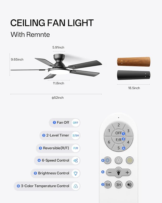 Homelist Ceiling Fans with Lights 52 Inch, Low Profile Flush Mount Fan, Quiet 6 Speeds DC Reversible Motor, 3CCT Dimmable LED, Remote Control for Living Room, Bedroom, Kids Room, Matte Black