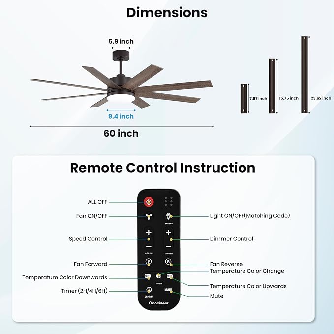 60 Inch Ceiling Fans with Lights and Remote, Dual Color 6 Blades, Bedroom Living Room Office Library Cafe Outdoor Industrial, 3CCT Dimmable, 6 Speed Reversible Quiet DC Motor, Brown/Wood Grain