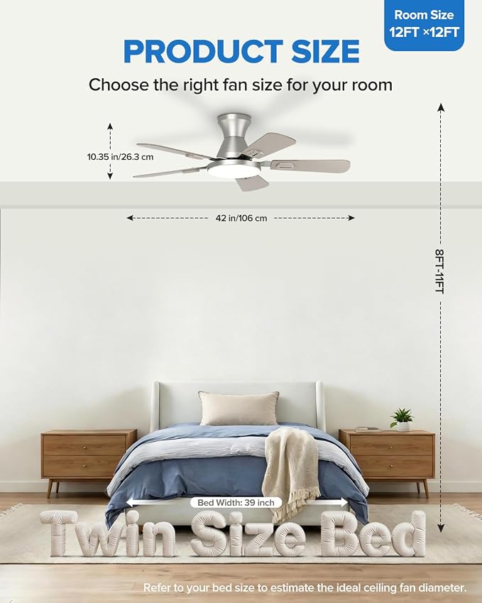 UME 42" Ceiling Fan with Lights & Remote, 6 Blades Low Profile Ceiling Fan, Quiet DC Motor, Natural Wind, 6 Speeds, 3CCT Dimmable 20W LED Modern Ceiling Fan for Bedroom, Living Room, Nickel