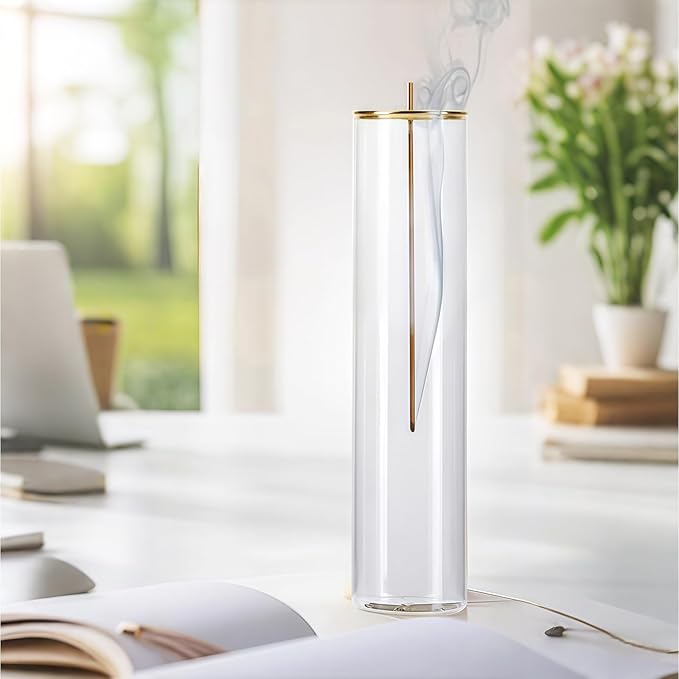 Glass Incense Holder,Incense Burner for Sticks with Ash Catcher- Anti-Ash Mess-Free, for Meditation, Yoga, Spa, Home Decor & Gift (Golden Clamp)