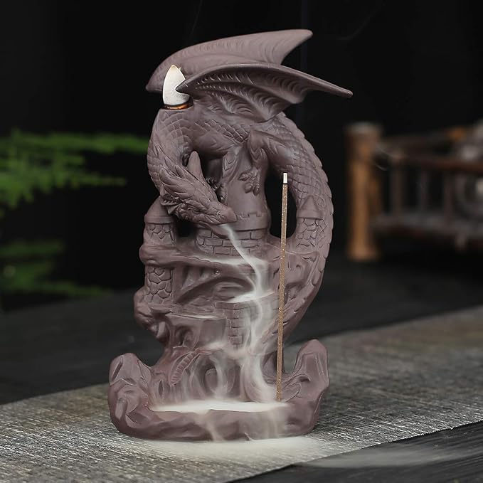 Dragon Backflow Incense Burner Handmade Ceramics Ornamen Statue Fountain Home Decor Waterfall Incense Holder, with 10 Backflow Incense Cones and 1Mat