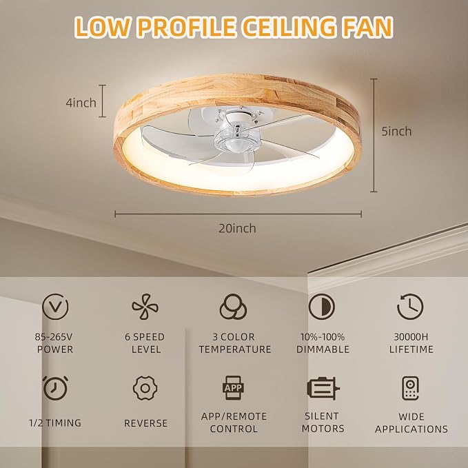 Low Profile Ceiling Fan with Light and Remote Control, 20 Inch Small Flush Mount Wood Fan Light, Modern Smart Dimmable Quiet LED Fan Light for Bedroom Living Room