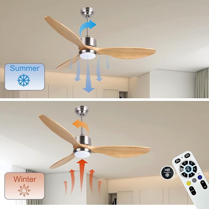 Ovlaim 52 Inch Wood Ceiling Fan with Light, Quiet DC Motor, Smart 6-Speed | 30dB Quiet, Light Wood Blades, 3-Color Dimmable, Memory Function, Reversible Motor, Bedroom Living Room