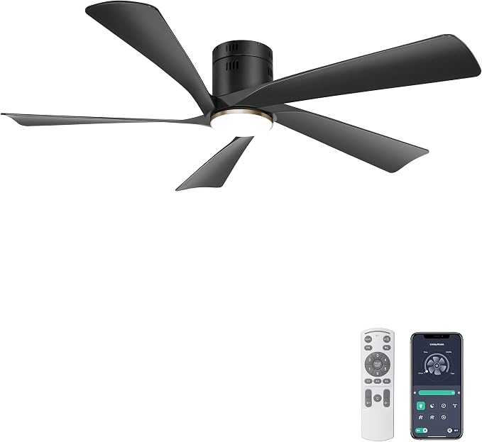 Ohniyou 52” Low Profile Modern Black Ceiling Fan with Lights | Remote/APP Control, Flush Mount, 3CCT Dimmable LED, Quiet DC Motor, Reversible, Indoor & Covered Outdoor Overhead Fans