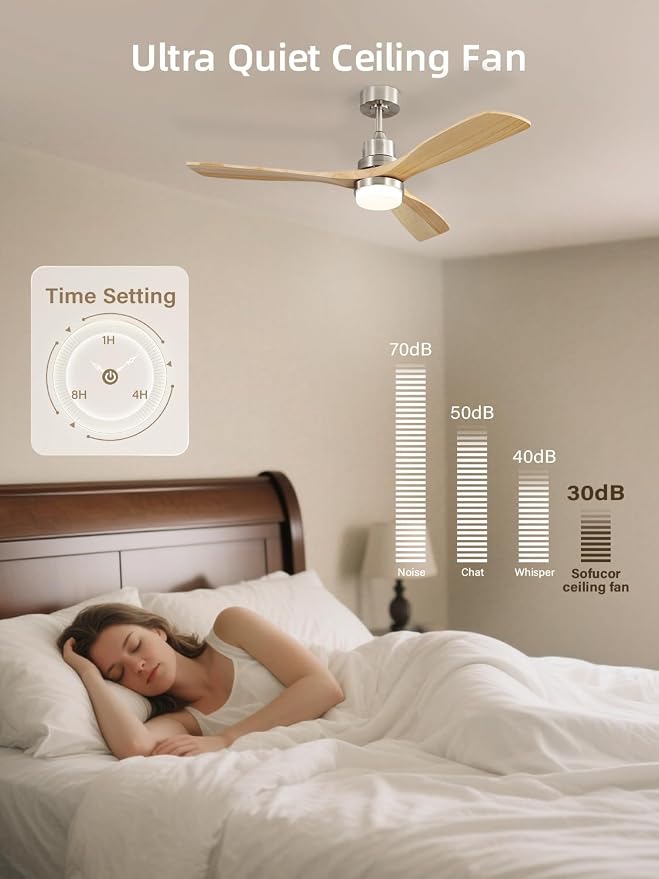 Sofucor 52 Inch Smart Ceiling Fans with Lights and Alexa/APP/Remote Control-Modern Outdoor 3 Solid Wood Blades Ceiling Fan for Bedroom Living Room Patio, Sandy Nickel&Natural Wood