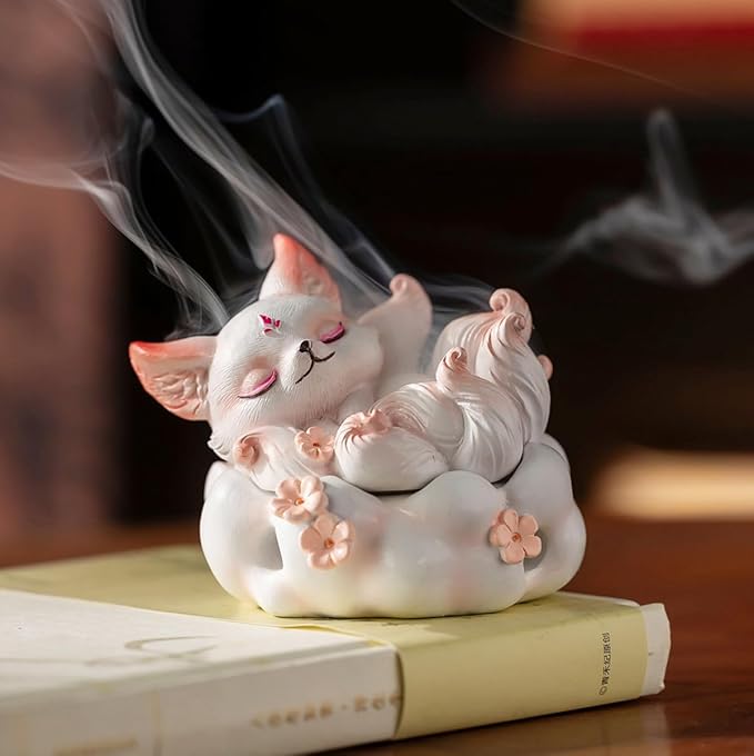 Cute Nine-Tailed Fox Decorative Incense Holder, Resin Sleeping Fox Figurine Cone Coil Incense Burner with Lid, Ash Catcher for Yoga Meditation Spa Home Office Aromatherapy Decor (White)