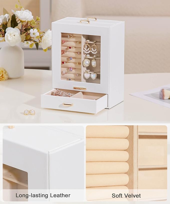 Homde Display Jewelry Box for Girls: Starter Organizer with Clear Window | Vertical Drawers for Earrings Rings Necklaces - Compact Footprint Fits Small Vanities - Birthday&Graduation Gift for Teens