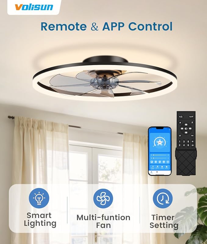 VOLISUN Low Profile Ceiling Fans with Light and Remote, No Assembly, 24in Fandelier Ceiling Fan with Lights, 3000K-6500K Dimmable Flush Mount LED Fan Light, Black Bladeless Ceiling Fans for Bedroom