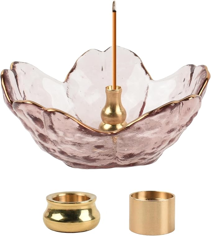 Incense Holder, Glass Cherry Blossom Bowl Incense Holder Set with 3 Styles Copper Incense Accessories for Joss Stick, Tower Incense, Home Office Decoration