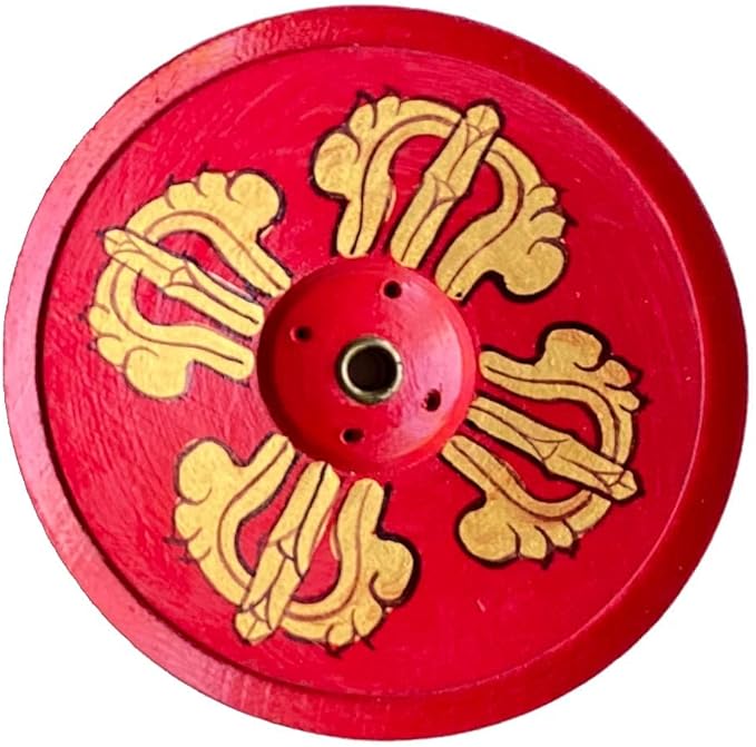 Wood Incense Holder Dorje (Vajra) Design | Handmade Handpainted Eco-Friendly Wood Incense Burner Ash Catcher | Home Décor Housewarming Gift | Stand Holds 4 Regular and 1 Tibetan Sticks
