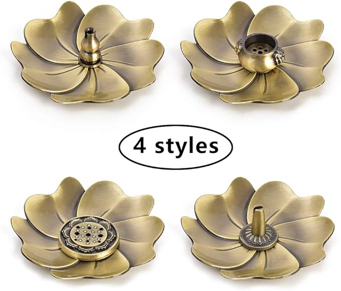 Sakura Flower Incense Holder, 5PCS Bronze Incense Burner Holder with Silk Pouch, Bowl-Shape, Lotus Multihole, Cone Shape and Gourd-Shape Ash Catcher Yoga Room Living Room Bedroom Home Fragrance
