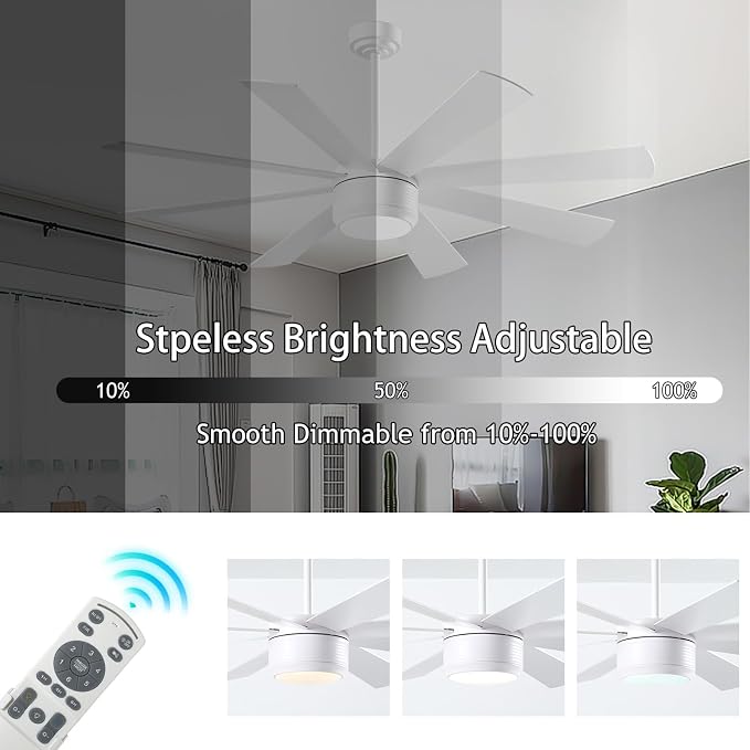 SHOWDI White Ceiling Fans with Lights and Remote, Quick Installation, 60 in | 2 Blade Color, Metal Material, App Remote Control, Timer, Reversible, 3CCT, Dimmable for Bedroom, Living room, Indoor
