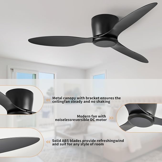 Ceiling Fans No Light with Remote Control Flush Mount 42 Inch Black | Low Profile Ceiling Fan Without Lights 6 Speed Reversible FCC Timing, ABS blades, quiet operation, pure copper motor