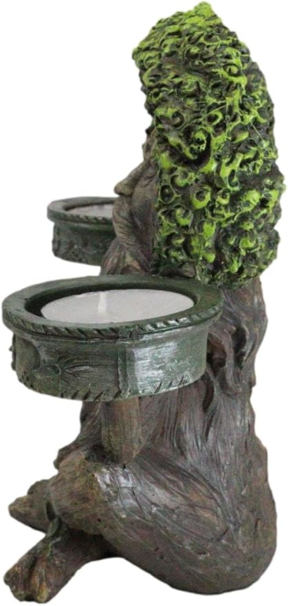 Ebros Gift Mystic Forest Celtic Greenman Tree Man God Ent Meditating Waterfall Smoke Backflow Incense Cone Burner and Double Votive Candleholders Figurine Horned God Tree of Life