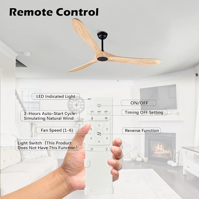 Bigzone 70" Wood Ceiling Fan With Remote, Energy Efficient Quiet DC Motor, 3 Wood Blades, Outdoor Ceiling Fans For Patios With Reversible Blades