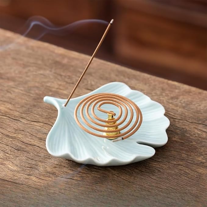 Handmade Ceramic Incense Burner Holder – Leaf Shape Incense Ash Catcher Tray for Sticks & Coil Incense, Zen Meditation Home Decor, Yoga Altar Aromatherapy Gift