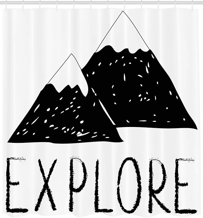 Ambesonne Adventure Shower Curtain, Explore Lettering Wild Forest Hand Drawn Simple Mountains Nature Theme, Cloth Fabric Bathroom Decor Set with Hooks, 69" W x 70" L, Black White