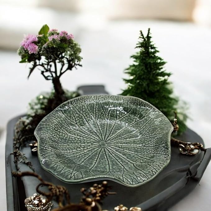 Tiny 6¾" Green Lotus Leaf Shaped Tray - Handmade Ceramic Porcelain Decorative Plate Dish Catchall Miniature Container For Jewelry Personal Items Incense Holders Trays Décor Gifts