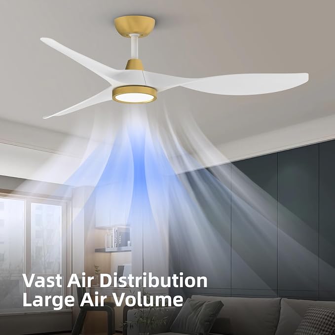 Roomratv Ceiling Fans with Lights,Large Airflow 52inch Modern Ceiling Fan with Quite Reversible DC Motor 3 Color Temperature LED Light (White Gold)