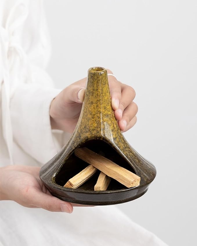 Ceramic Palo Santo Holder & Ash Catcher with Mini Chimney, Incense Holder & Sage Burner, Wabi-Sabi Home Decor for Meditation & Yoga(Antique Ochre)
