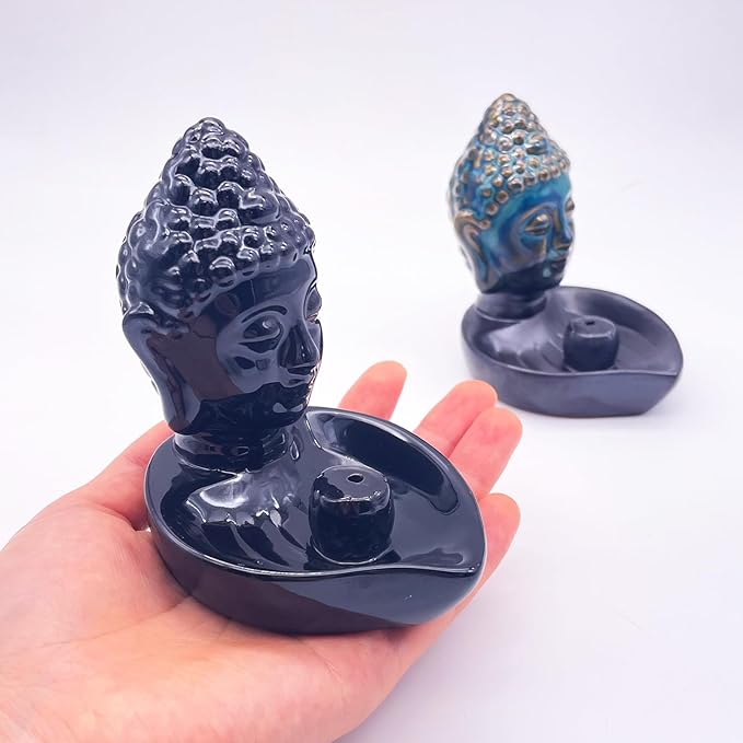 Buddha Head Incense Holder for Sticks, Small Ceramic Incense Burner Healing, Meditaiong, Zen, Timer of Spa or Yoga, with Ash Catcher (Blue)