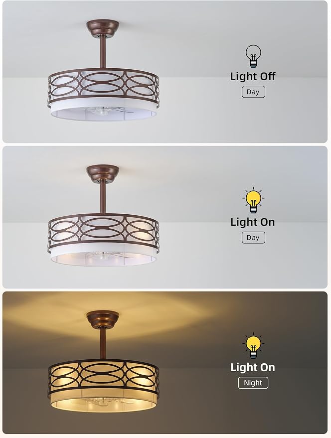 20" Brown Farmhouse Ceiling Fan with Light, Caged Fandelier Ceiling Fans with Lights Remote Control with 6 Speeds for Bedroom, Living Room, Nursery