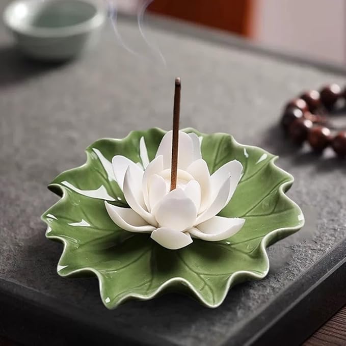 CREATCABIN Lotus Incense Burner Holder Stick Ceramic Detachable Ash Catcher Lotus Leaf Incense Burners Tray for Sticks Home Yoga Teahouse Zen Buddhist Altar Purify Spiritual Supplies White 3.54 Inch
