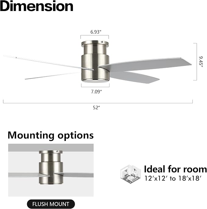 WINGBO 52" Flush Mount DC Ceiling Fan without Lights, 4 Reversible Blades, Ultra Quiet 6-Speed DC Motor, Hugger Low Profile Indoor Ceiling Fan No Lights, Brushed Nickel Finish