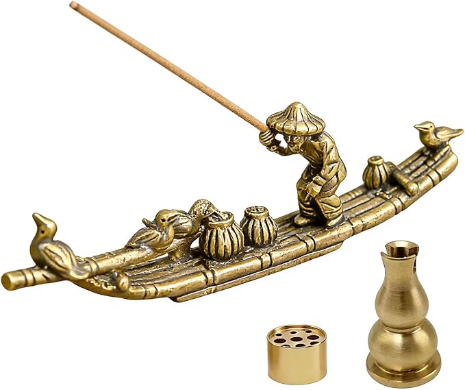 Vintage Solid Brass Bamboo Raft Fisherman Figurines, Incense Holder Zen Decor for Tea Table, Home Office Collectible Sculpture for Zen Enthusiasts Tea Lovers
