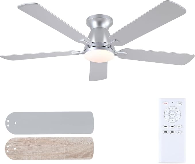 52 Inch Ceiling Fans with Lights and Remote, Flush Mount, Silver | Low Profile, Dimmable LED, Reversible, Quiet DC Motor, Wooden Blades, for Modern Apartment Bedroom Home Office Living Room