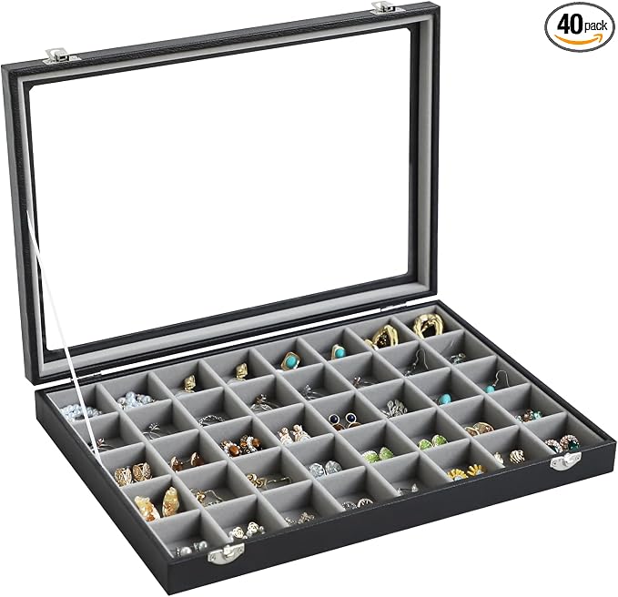 Stratalife 40 Grid Earring Organizer, Jewelry Holder Organizer with Lid | PU Leather Storage Box for Earring, Ring, Studs and Trinkets, Soft Velvet Drawer Organizer for Women, Dustproof, Gray Black