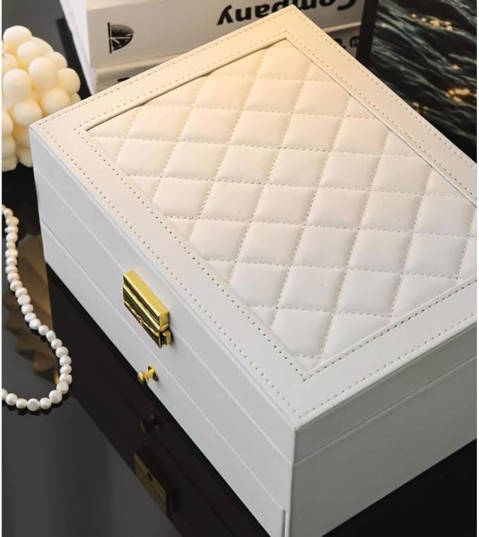GUOER Jewelry Box for Women Girls, Two Layers Jewelry Organizer (White) | Vintage Quilting Stitching PU Leather, Earrings Bracelets Rings Necklace Watches Storage Large Jewellery Holder Case Gifts