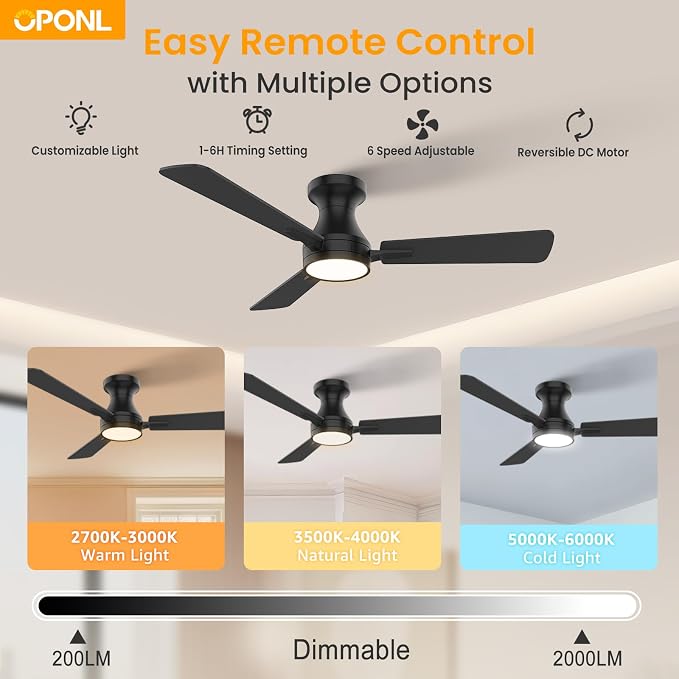 OPONL Ceiling Fan with Light, 42 inch Low Profile Ceiling fan with Light and Remote Control, Reversible, 6CCT, Dimmable, Noiseless, Black Ceiling Fan for Bedroom, Indoor/Outdoor Use, Modern