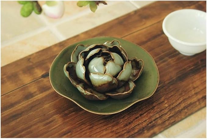 Collectible Handmade Chinese Ceramics, Medium Peony Ceramic Incense Stick Holder, Handicraft Flower Lotus Incense Burner Bowl Ash Catcher Inscent Tray for Home Decor and Gift, 2.55 Inch, Green