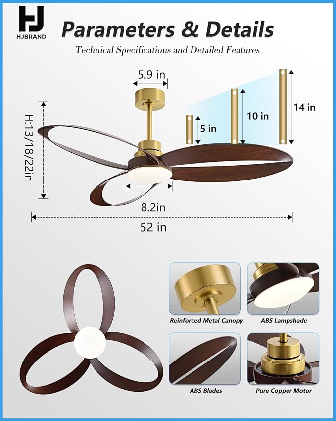 52"Ceiling Fan Indoor Ceiling Fans with Lights and Remote,New Round 3 Blades With 24W 2400LM High Bright LED Light , 3-Color Light 6-Speed Timing Reversible DC Motor for Bedroom Living Room Patio