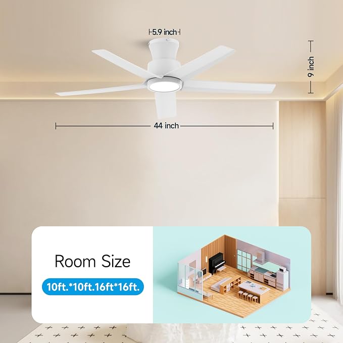 ocioc 44 inch Ceiling Fans with Lights and Remote, Dimmable Ceiling Fans with Reversible Quiet DC Motor, Flush Mount, 3CCT, White Ceiling Fan for Bedroom Living room Indoor/Outdoor