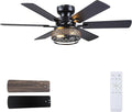 Hounberi 48 Inch Ceiling Fans with Lights and Remote Control, Flush Mount Industrial Black Ceiling Fan, Dual Finish 6 Blades, Reversible DC Motor, Rustic Caged Ceiling Fans for Living Room Bedroom