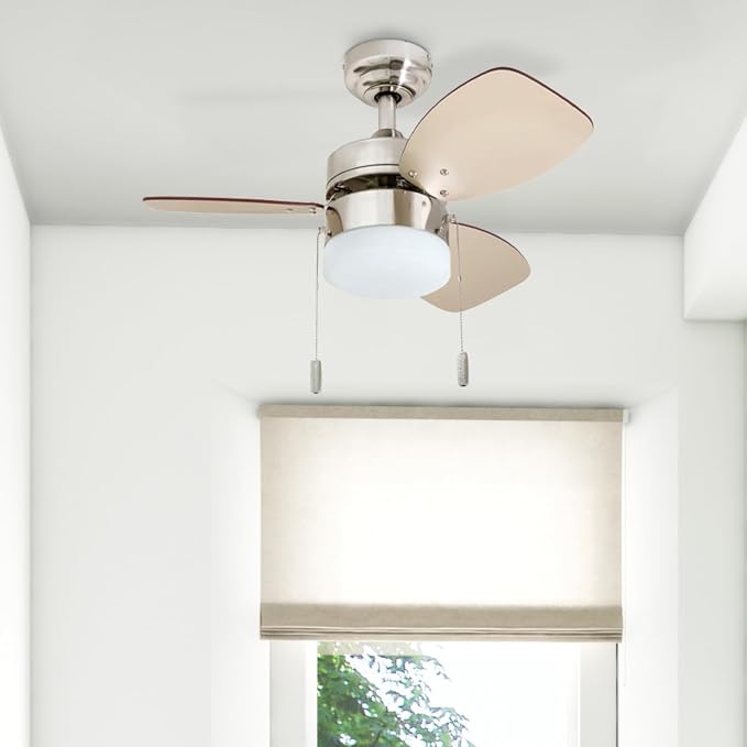 Honeywell Ceiling Fans Ocean Breeze Modern 30 Inch Ceiling Fan with Light, Pull Chain LED Indoor Fan with 3 Blades, Satin Nickel and Light Oak Blade Finish Options, Brushed Nickel (50601-01)