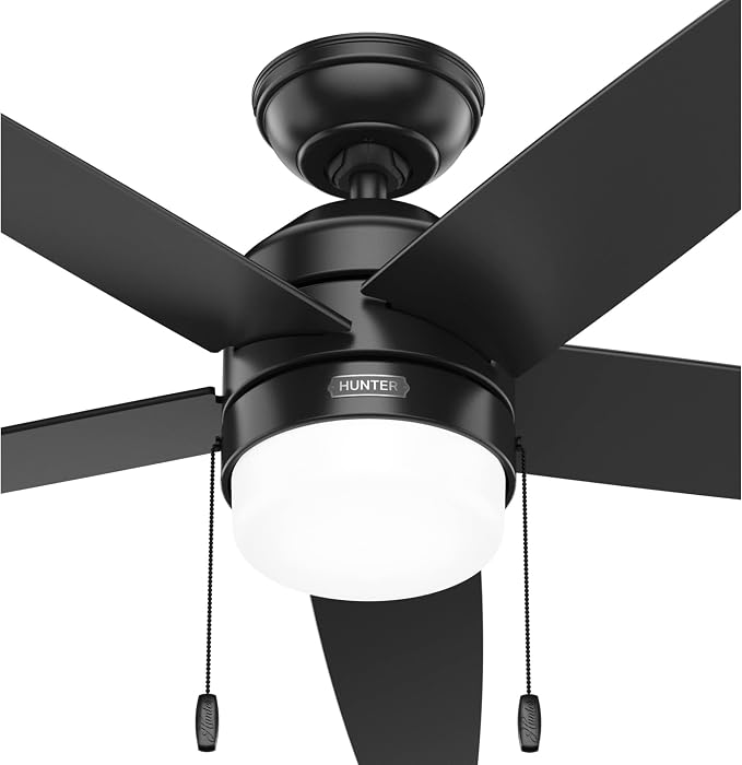 Hunter Bardot, Indoor, Ceiling Fan, Modern, 5 Blades, 52 inch, Matte Black | with LED Light and Pull Chain, Standard Mount, For Bedroom, Living Room, Kitchen, 52491