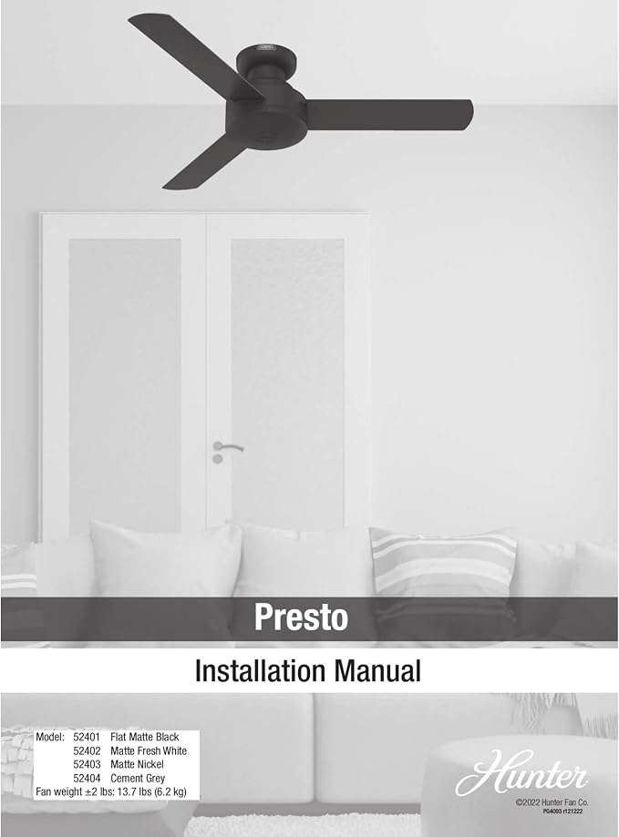 Hunter Presto, Indoor, Ceiling Fan, No Light, Modern, 44 inch, Matte Black | Low Profile Mount, Wall Control, 3 Blades, For Bedroom, Living Room, Kitchen, 52401