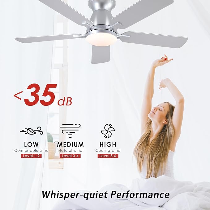 Mpayel 46 Inch Ceiling Fans with Lights and Remote, Silver Ceiling Fan with Light Flush Mount, Low Noise, Reversible, Dimmable, Modern Low Profile Ceiling Fan with Light for Bedroom Indoor Outdoor